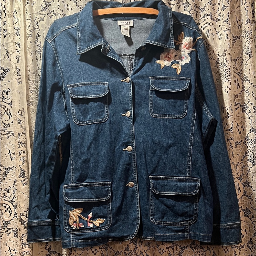 Vintage Graff Women's Blue Denim Jacket with Embroidered Floral Accents Sz PL